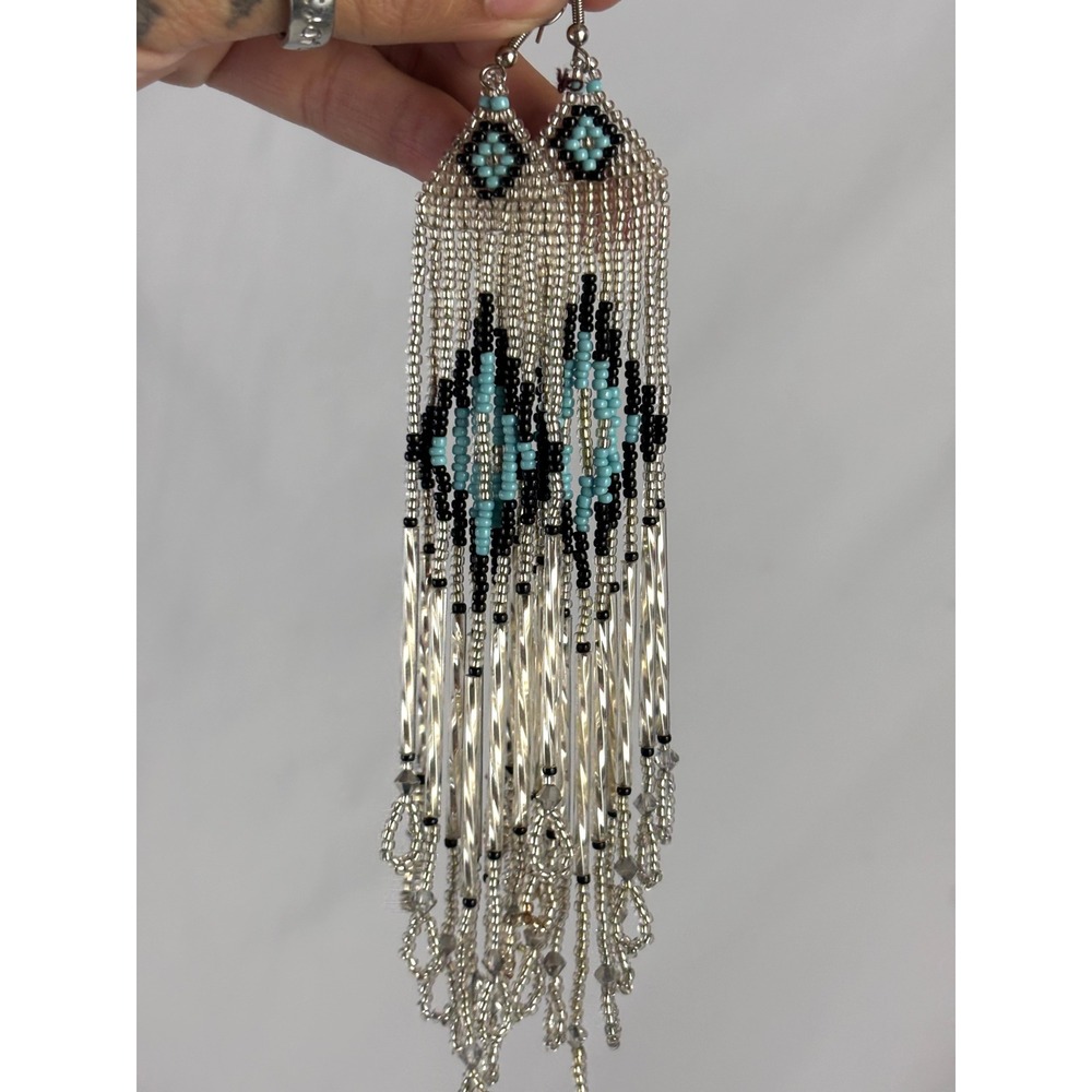 Vintage Beaded Fringe Statement Earrings Turquoise Black White Dangles Handmade - Picture 10 of 12